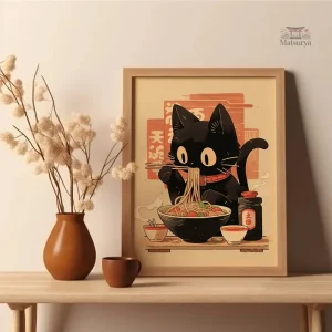 Tableau japonais motif chat élégant et coloré