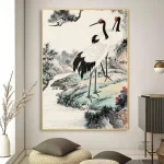 Tableau Japonais motif Grues en noir et blanc