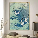 Tableau japonais vagues et grues