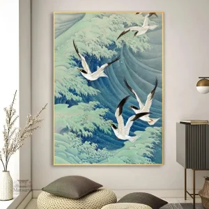 Tableau japonais vagues et grues