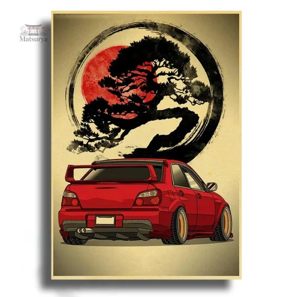 Tableau décoratif japonais avec motif de voiture rouge