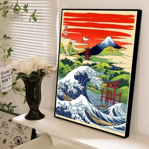 Tableau paysage Fuji Yama et vague Kanagawa japonais