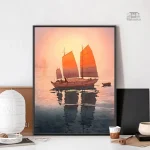 Tableau japonais paysage mer avec bateau traditionnel