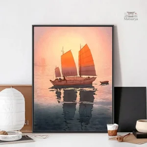 Tableau japonais paysage mer avec bateau traditionnel
