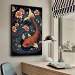 Tableau japonais Poisson Koi avec fleurs délicates