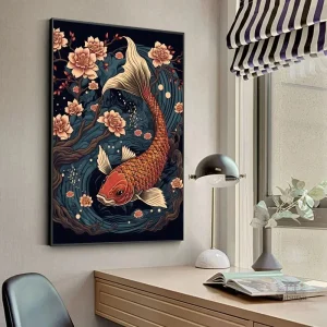 Tableau japonais Poisson Koi avec fleurs délicates