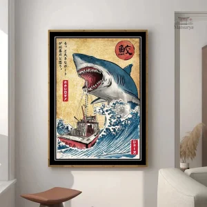 Tableau Japonais représentant un requin et une vague