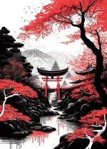 Art japonais avec temple et paysages de montagnes