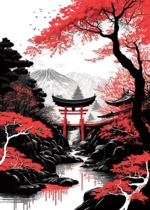 Art japonais avec temple et paysages de montagnes