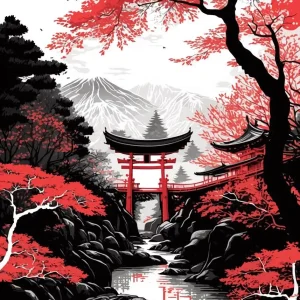 Art japonais avec temple et paysages de montagnes