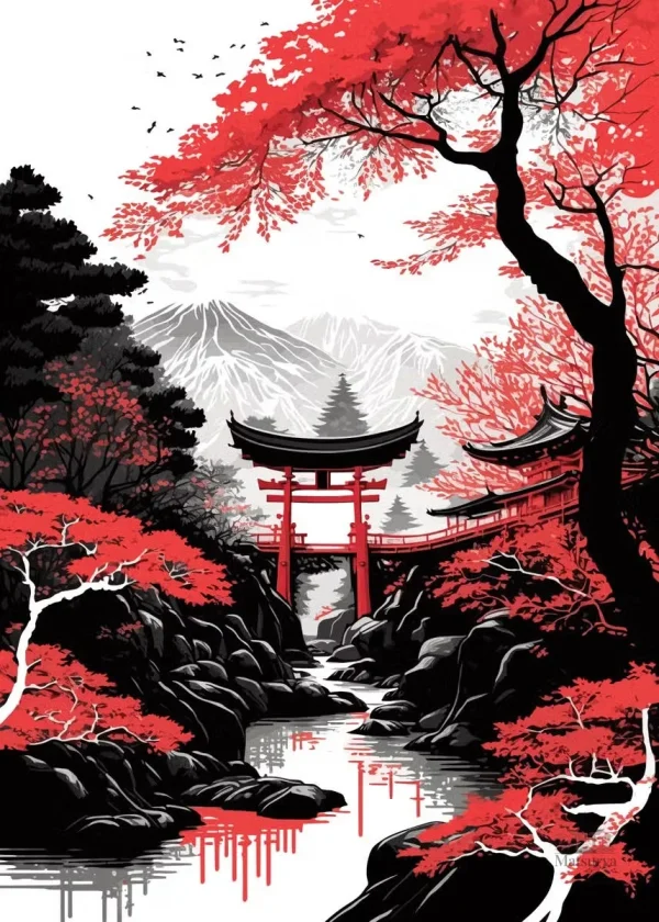 Art japonais avec temple et paysages de montagnes
