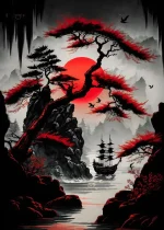 Décor mural japonais représentant un temple