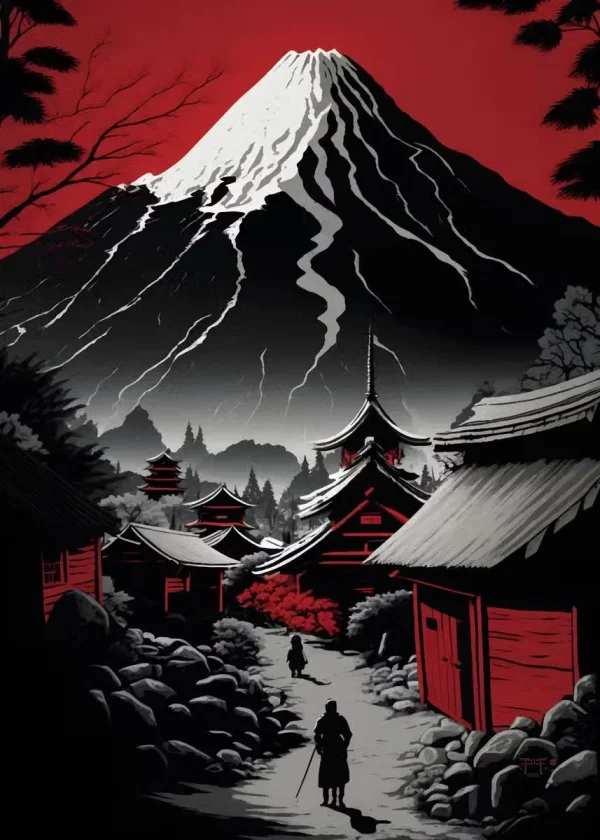 Tableau illustrant un temple et des montagnes japonaises