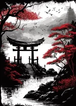 Peinture japonaise de temple avec arrière-plan montagneux