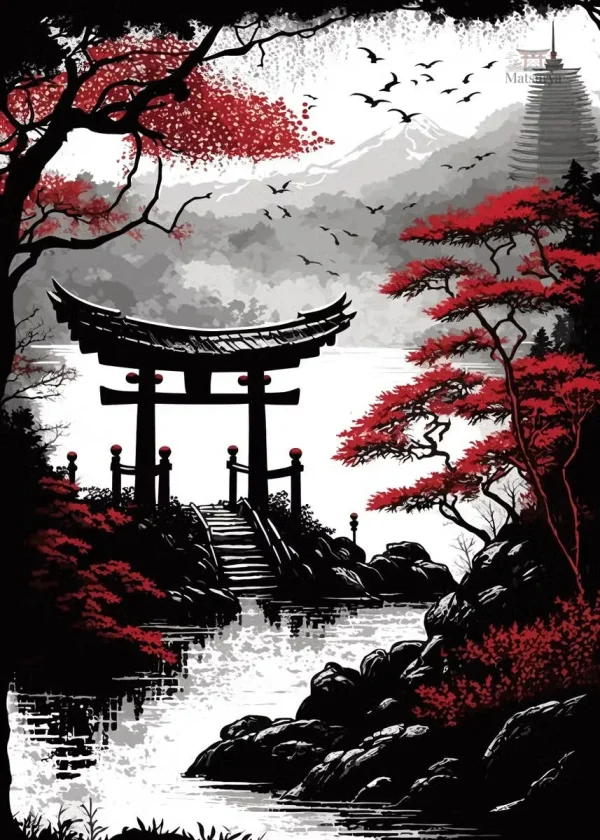 Peinture japonaise de temple avec arrière-plan montagneux