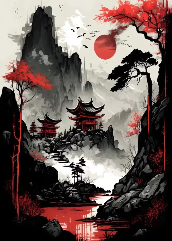 Tableau traditionnel japonais : temple au milieu des montagnes