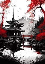 Oeuvre d'art japonaises, temple sur fond de montagnes