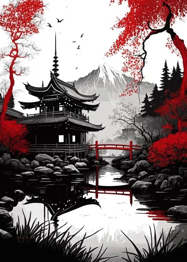 Oeuvre d'art japonaises, temple sur fond de montagnes