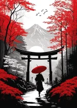 Illustration de paysages japonais avec temple et montagnes