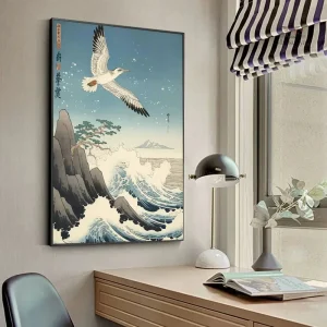Tableau Japonais Vague avec Oiseau en Noir et Blanc