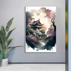 Tableau Japonais paysage avec cerisiers et lac