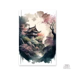 Art mural japonais avec cerisiers en fleurs au bord d'un lac