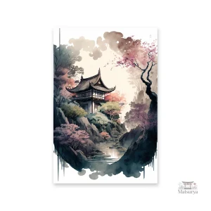 Art mural japonais avec cerisiers en fleurs au bord d'un lac