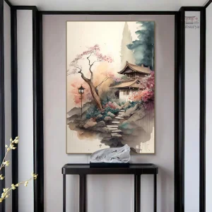 Tableau paysage japonais avec roches et cerisiers
