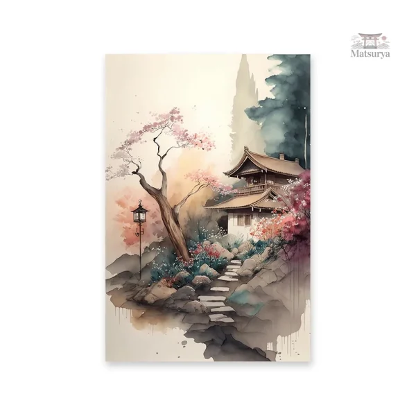 Décor mural japonais avec roches et cerisiers fleuris