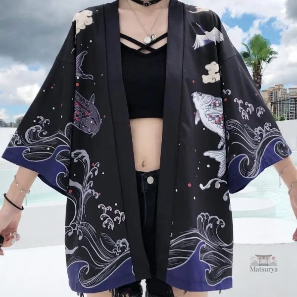 Veste kimono à motifs de grues pour un look unique