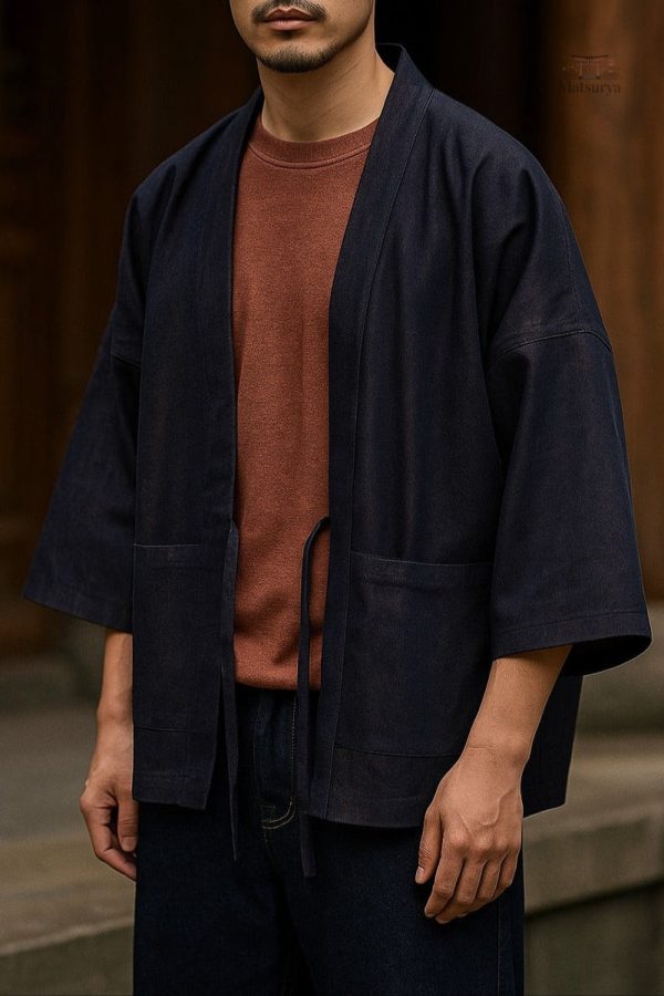 veste-kimono-homme-decontracte-en-jean-1 Veste kimono homme décontractée en jean