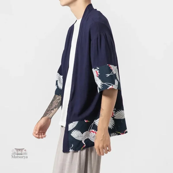 Veste kimono à motifs de grues pour homme