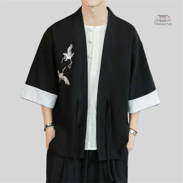 veste-kimono-homme-grues-en-lin-1 Veste Kimono Homme en Lin avec motifs de grues