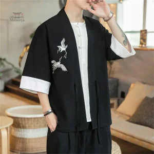 Kimono léger pour homme en lin avec design de grues