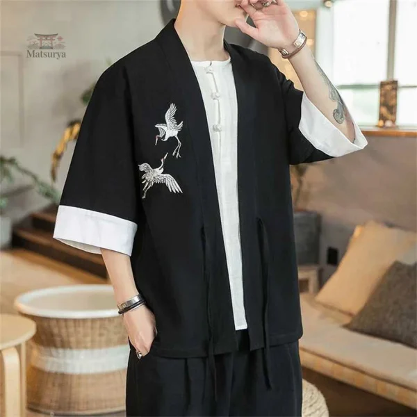 Kimono léger pour homme en lin avec design de grues