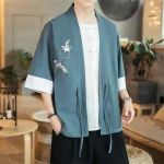 Kimono homme en lin, motifs de grues, coupe moderne