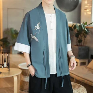 Kimono homme en lin, motifs de grues, coupe moderne