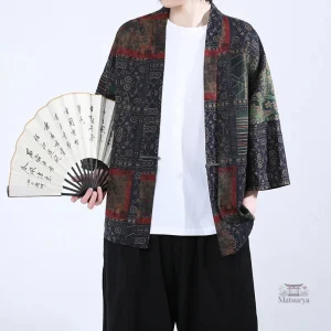 Veste kimono japonais bleu avec motifs pour homme