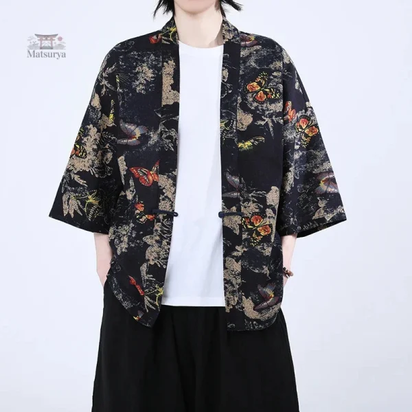 veste-kimono-japonais-noire-a-motifs-colores-1 Veste kimono noir à motifs colorés pour homme