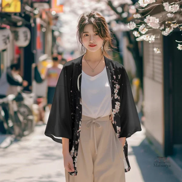 veste-kimono-japonaise-femme-noir-sakura-1 Veste Kimono Femme Noir Sakura
