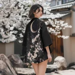 Kimono Japonais Femme en noir avec motifs Sakura