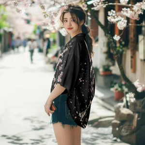 Veste légère femme style kimono, couleur noire