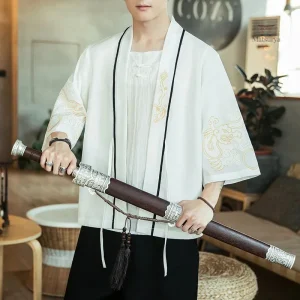 Kimono homme en tissu léger avec motifs dorés raffinés