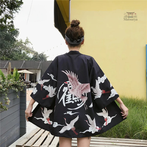 Veste kimono avec imprimé grues, tendance féminine